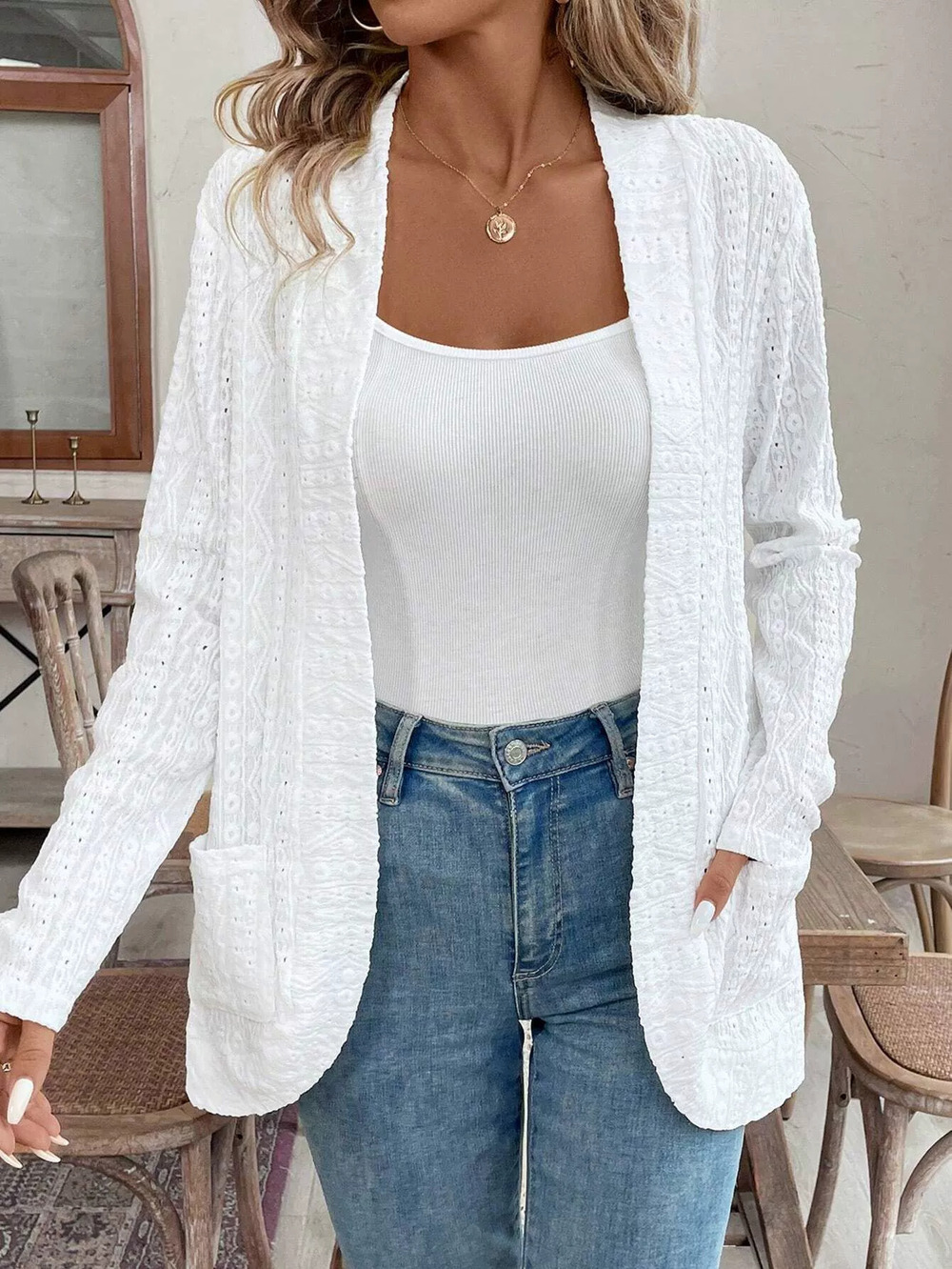Zara Solid Lace Jacket Long Sleeve Two Pockets Open Front Fall Winter